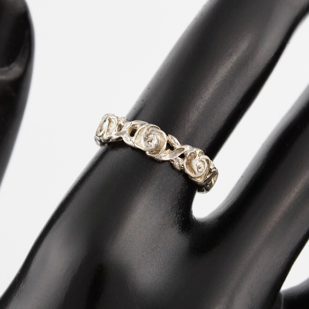 Vintage Sterling Silver Rose Flower Band Size 7 Ring